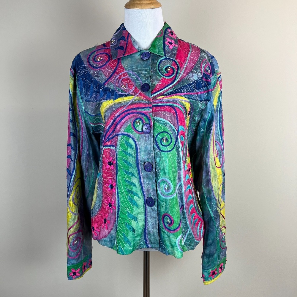 Anage Silk Jacket Womens Large Colorful Embroidered Patchwork Button Up Boho Art